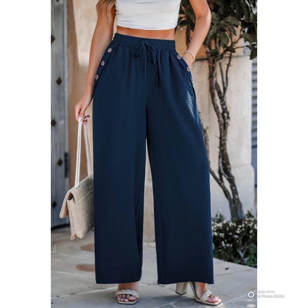 Cupshe Navy Blue Wide Leg Pull-On Sailor Pants Size Medium NWT Beach Vacation - Picture 4 of 16